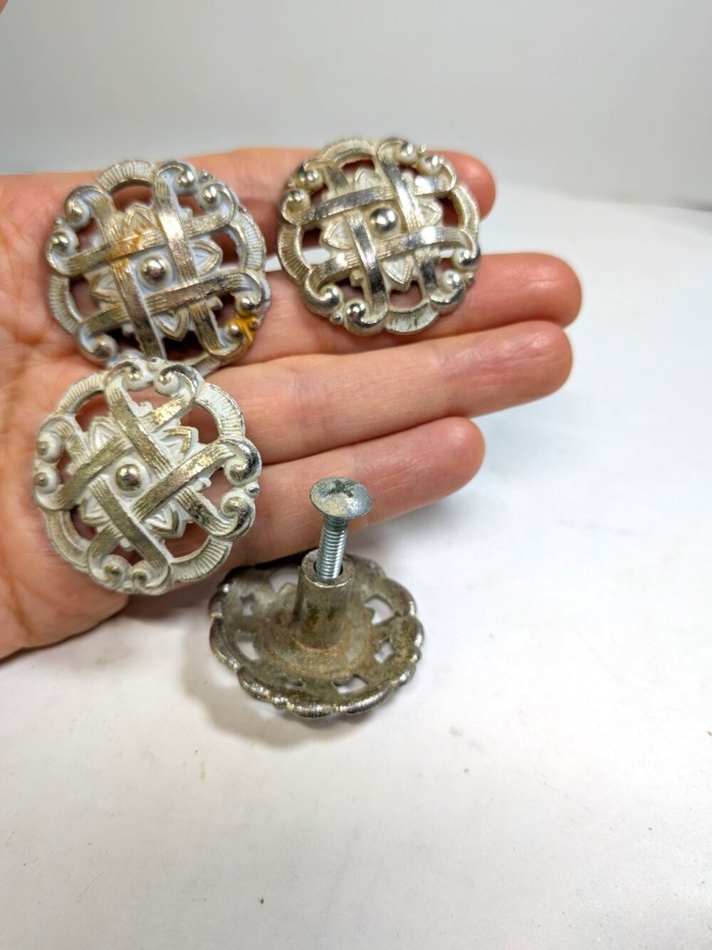 Vintage Allison Japan Ornate Lattice Drawer Knobs - Set of 4 Champagne Silver